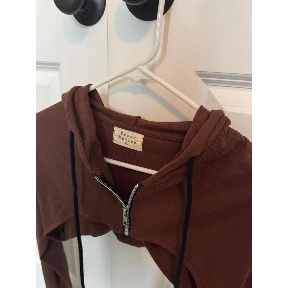 Urban Nation Brown Cropped Zip Up Hoodie Sweater Ribbed XL Fits Medium